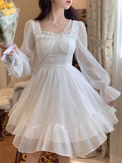 liwuka White Kawaii Dress Women Chiffon Lolita Style Long Sleeve Mini Dresses Bow Fairy Robe Ruffles Patchwork Square Collar