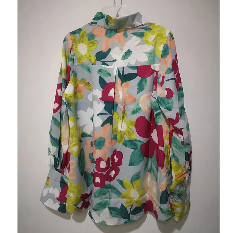 liwuka Spring Fashion Lapel Lantern Sleeve Blouses Office Lady Vintage Floral Print Shirts Tops Button Up Long Sleeve Shirt