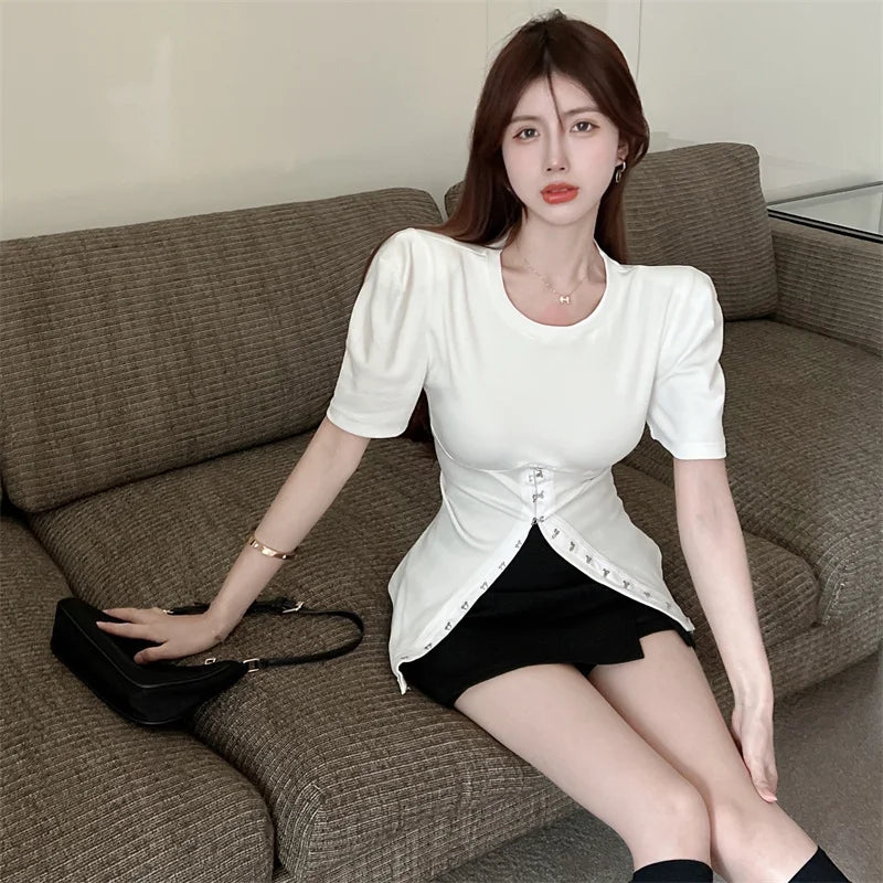 liwuka Puff Short Sleeve T-shirt Women Summer Slim Split T-shirts for Women White Top Round Neck Simple Basic Thirt Shirt Femme