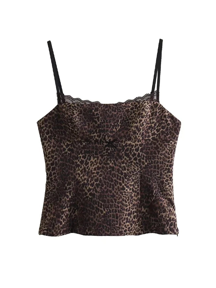 liwuka Summer Sexy Lace Leopard Printed Camisole Tops for Women Fashion Spaghetti Strap Undershirts Female Slim Fit Cropped Top