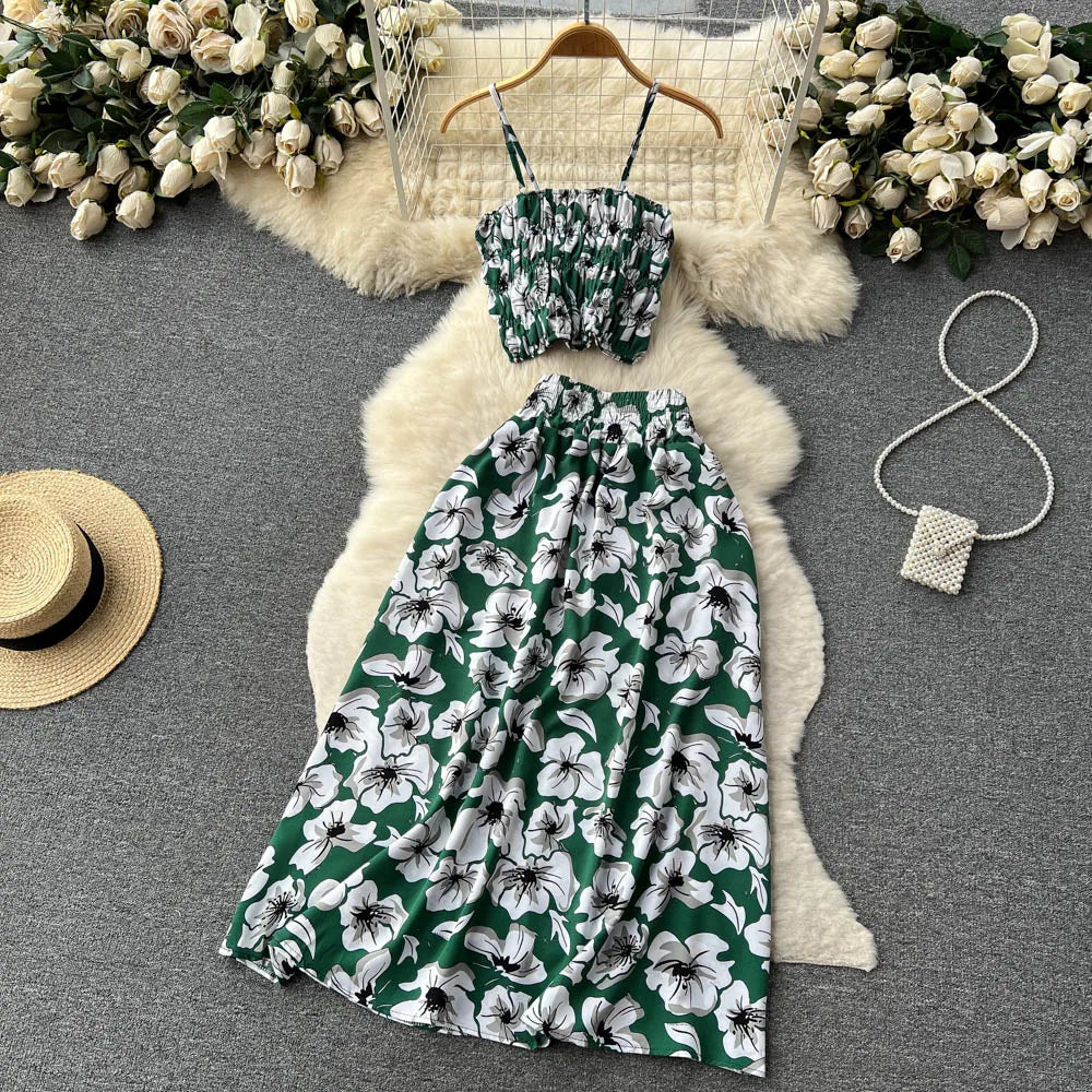 liwuka Women Dress Set New Summer Vacation Fashion Floral Print Straps Crop Tops + Long Skirts Outfits Beach 2Pcs Suits