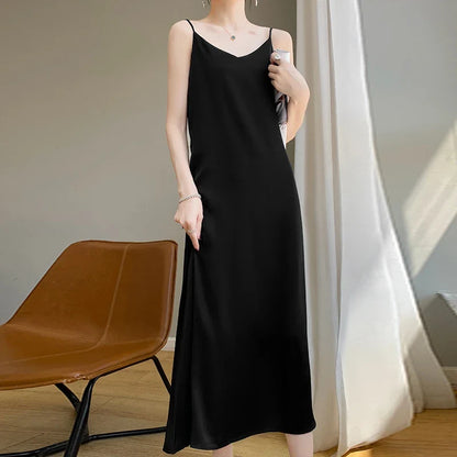 liwuka Silk High-Grade Dress New Spring/Summer Sleeveless V-Neck Dress Vest Slip Skirt Silk White With High-Grade Temperament