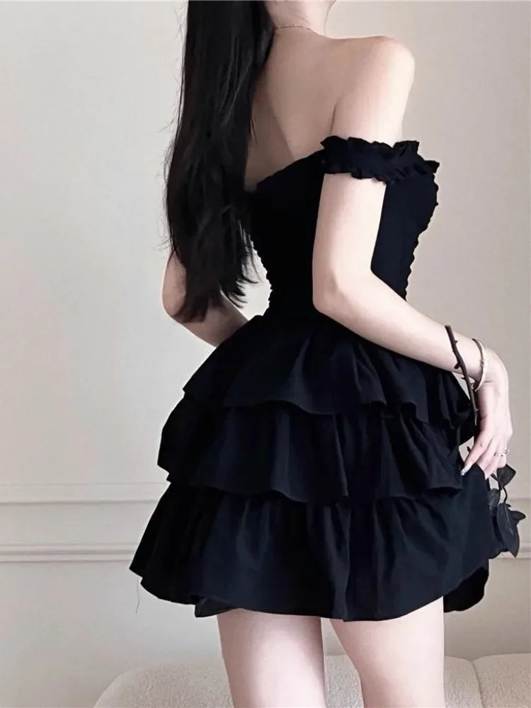 liwuka Gothic Lolita Kawaii Slip Dress Soft Girl Goth Harajuku Off Shoulder Backless Sexy Black Ruffles Party Dresses Y2k