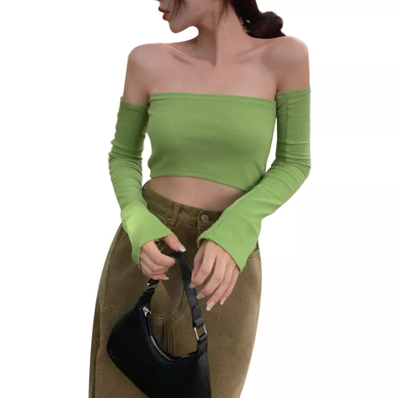 liwuka Female Crop Tops T-shirts, Solid Color Boat Neck Off Shoulder Sexy Tops Pullover with Long Sleeves for Summer Club Wear