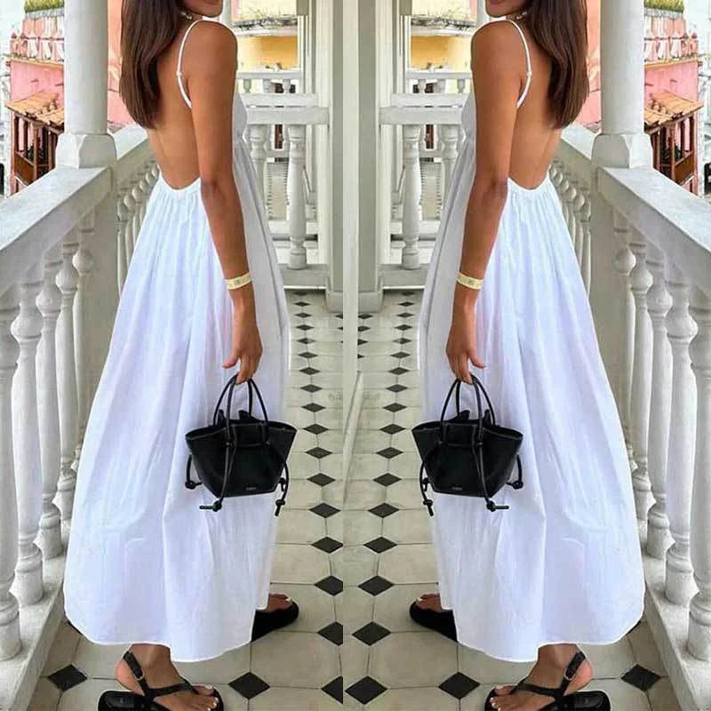 liwuka Elegant Causal Sleeveless A-Line Long Dress Summer Deep V Neck White Sling Dress Lady Simple Backless High Waist Hem Beach Dress