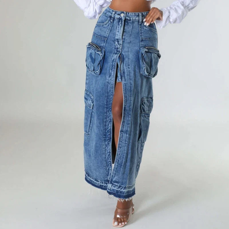 liwuka Vintage Loose Chic Skirts For Women Elegant High Waist Office Lady Long Skirt Fashion Blue Denim Skirt Female Clothing