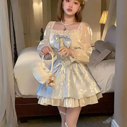 liwuka Lolita Princess Dress Women Party Y2k Bandage Blue Cosplay Costumes Japanese Puff Sleeve Ribbon Square Neck Bowknot Mini Dress