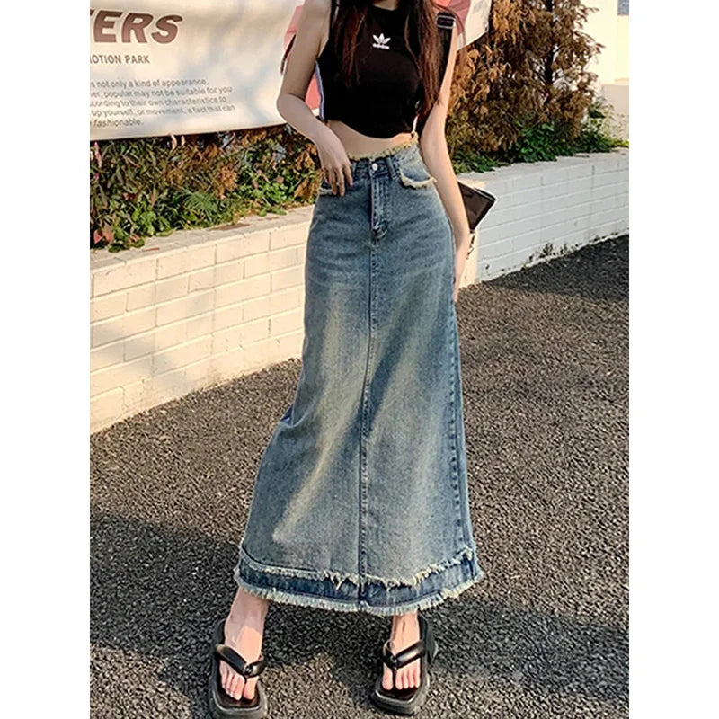 liwuka Summer New High Waist Vintage Ragged Edge Denim Skirt Women's Button Zipper Pockets A-line Slim Fashion Mid Length Denim Skirt