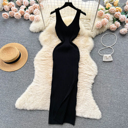 liwuka Women Dress Sexy V-neck Slim Elastic Ribbed Knitted One Piece Bodycon Dress Streetwear Lady Vestidos