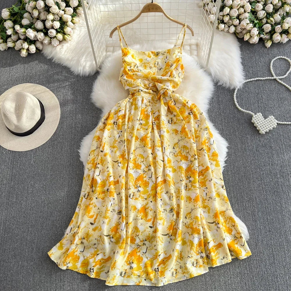 liwuka 2024 New Summer Romantic Floral Print Long Dress Vintage Rose Print High Waist Spaghetti Strap Summer Dress Lady Beach Sundress