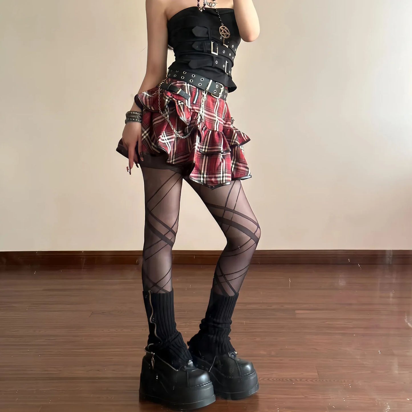 liwuka Korean Japanese Sweet Hot Clothes Gothic Punk Skirts Y2k Streetwear Dark Aesthetics Pleated Ball Gown Plaid Stripe Mini S