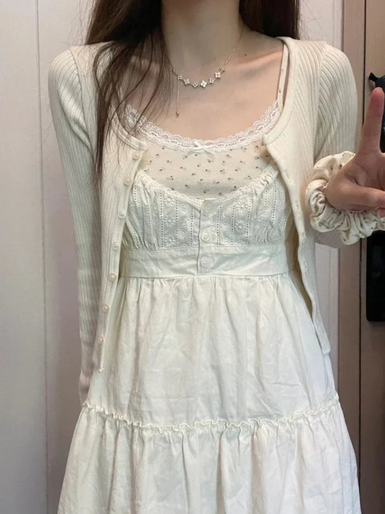 liwuka Casual Women White Front Buttons Lace Spliced Sling Dress Summer Vintage Square Collar Sleeveless Female Chic Bottoms