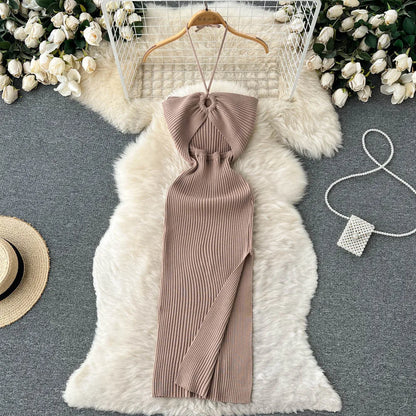 liwuka Chic Fashion Sexy Package Hips Split Knitted Summer Dress Women Slim Elastic Bodycon Party Dress Streetwear Outfits