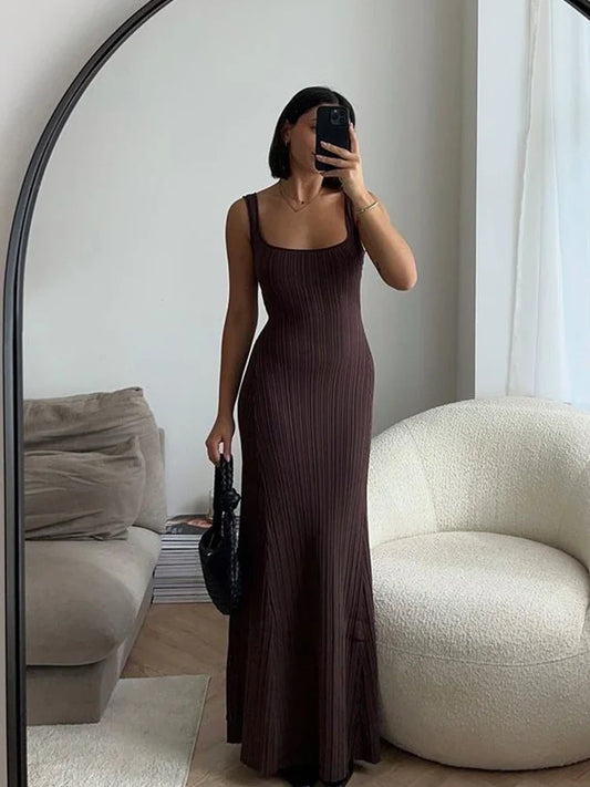 liwuka Summer Ribbed Knit Maxi Dress Women Slim Pullover Sleeveless Knitwear Fashion Long Dress Solid Basic Elegant Fashion