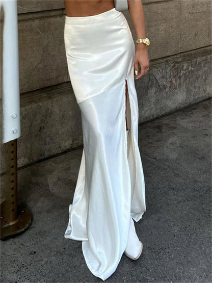 liwuka Fashion High Split Patchwork Long Skirt Women Slim Elegant High Waist Casual Clothes White Long Skirt Ladies Gown Summer