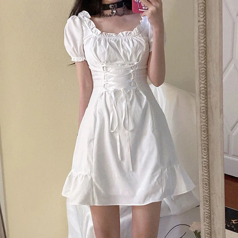 liwuka Korean Fashion White Mini Dresses Women French Stitching Wood Ears Lace Cross Lacing Up Short Sleeve Short Dress Holiday Clothin