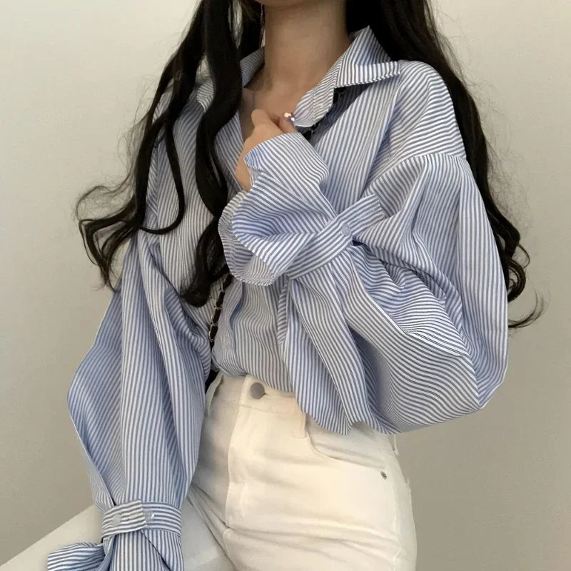 liwuka Spring Lantern Sleeve Blue Stripe Shirt Camisas Blusas Mujer Loose Casual Black Top Women's Clothing Blouses Office Lady Shirts