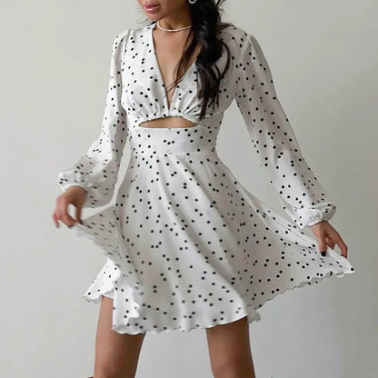 liwuka Summer Women's Long Sleeved Polka Dot Printed Dress V-neck Hollow Bubble Sleeve Temperament Slim Fit Flower Bud Skirt Women 2024