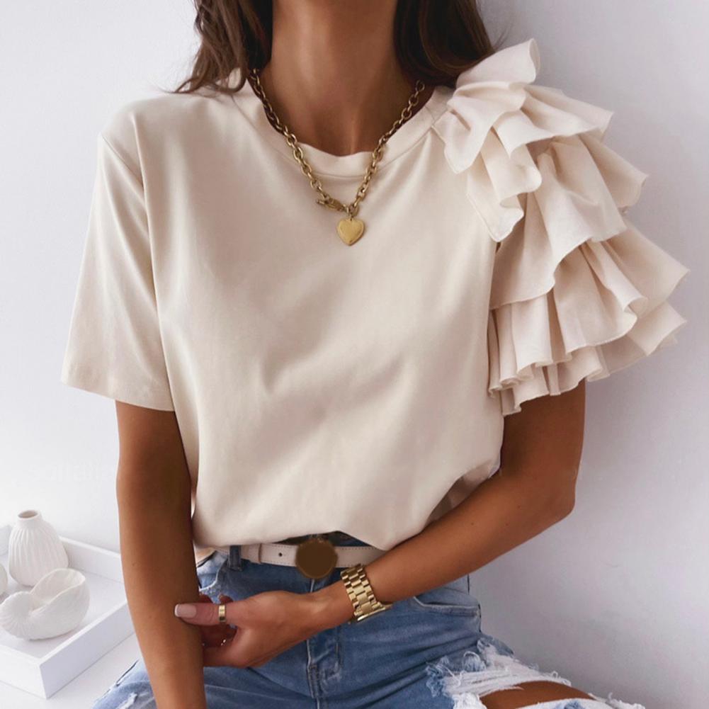 liwuka Fashion blouse women elegant white Solid Color Layered Ruffle Short Sleeve Asymmetric Loose T-shirt Top for Summer Women Blouses