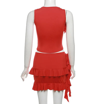 liwuka Red Skirt Set Sleeveless Round Neck Open Umbilical Small Tank Top Slim Fit Wooden Ear Edge Wrapped Hip Skirts Suit