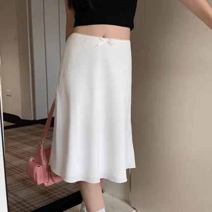 liwuka Elegant White Women Skirt Fairycore Ruffle Mid Skirts Coquette Summer Sexy A-line Basic Casual Korean Style Silk Skirt