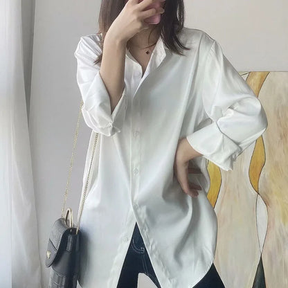 liwuka Button Up Satin Silk Shirt Vintage Blouse Spring Fashion Women Korean Tops Lady Long Sleeves Loose Street Shirts Blusas