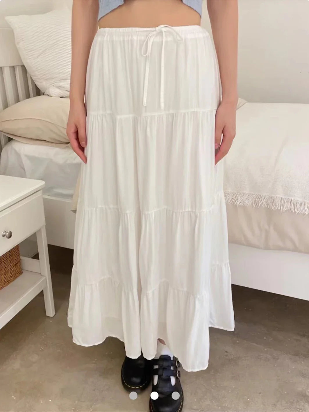 liwuka Folds Lace-up White Maxi Skirts Woman Summer High Waist A-line Loose Faldas Casual Simple Preppy Style Sweet Cute Long Skirt