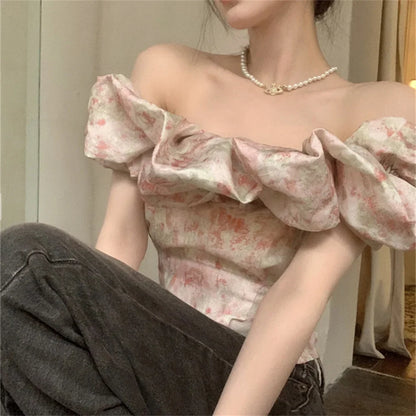 liwuka S-M Women Slash Neck Florals Blouses Summer Off Shoulders Short Sleeve Sweet Party Ruffles Slim New Daily Mujer