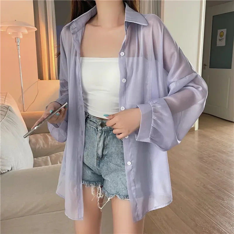 liwuka Fashion Women Holiday Beach Shirts See Through Chiffon Blouse New Summer Tops Sun Protection Clothes Long Sleeve Blusas