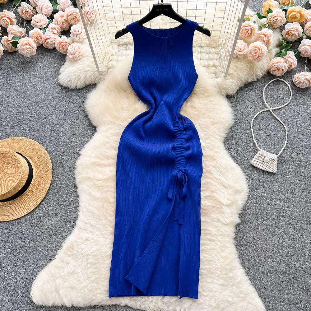 liwuka Fashion Summer Bodycon Knitted Dress Sexy Package Hips Drawstring Split Black Women Dress Basic Lady Party Vestidos