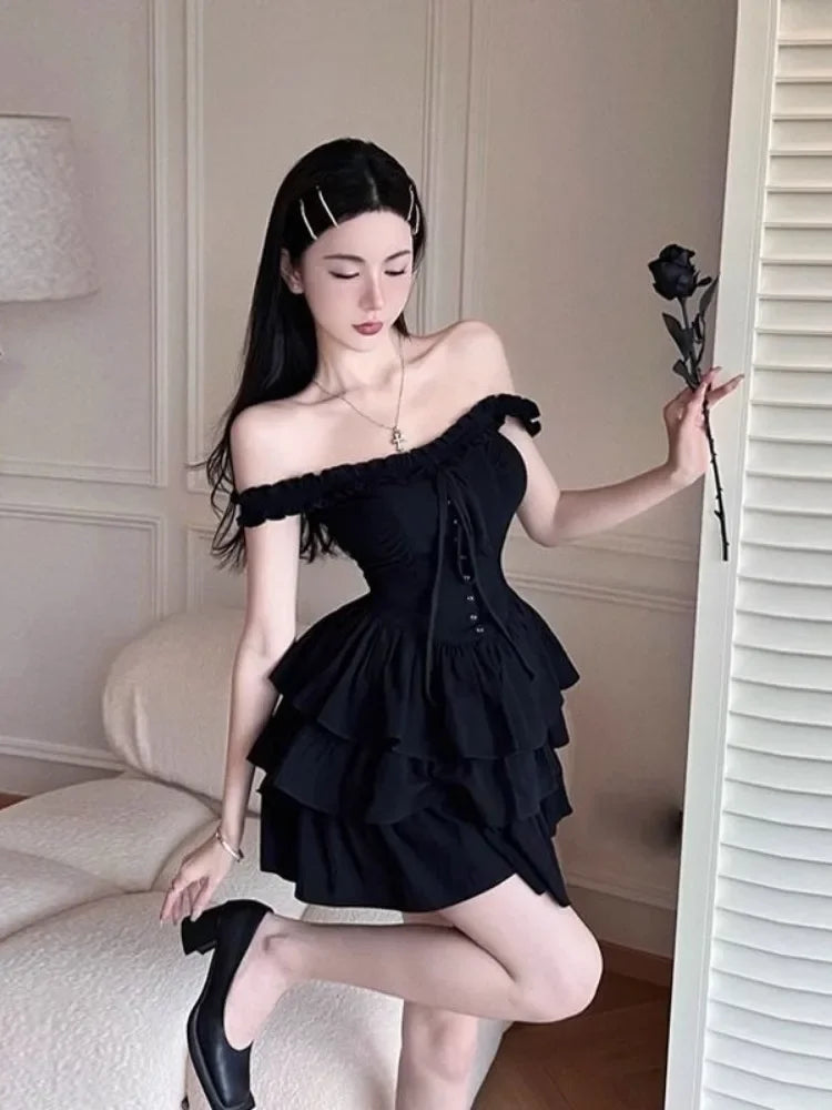 liwuka Gothic Lolita Kawaii Slip Dress Soft Girl Goth Harajuku Off Shoulder Backless Sexy Black Ruffles Party Dresses Y2k