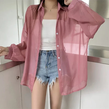 liwuka Fashion Women Holiday Beach Shirts See Through Chiffon Blouse New Summer Tops Sun Protection Clothes Long Sleeve Blusas