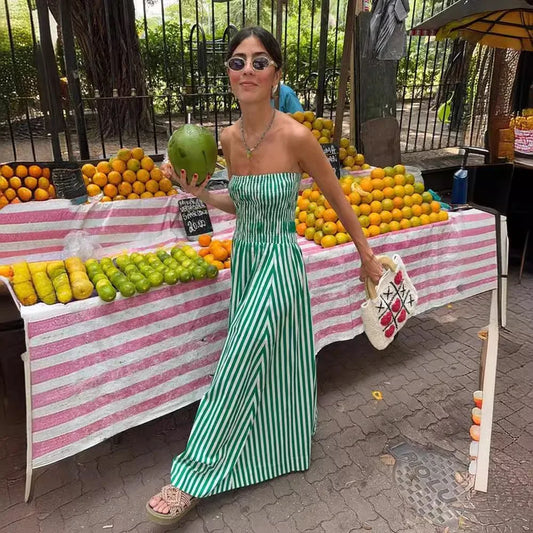 liwuka Green Striped Strapless Dress Women Elegant Casual Loose Long Beach Holiday Dresses Summer Fashion Folds Bohemia Outfits 2024