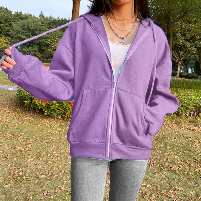 liwuka Sweatshirt Hoodie Oversize Hooded Cardigan Sweatshirts Gray Women Clothes Solid Zip Up Hoodies Autumn Women Tops Long Sleeves