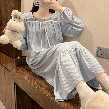 liwuka Long-Sleeved Nightgown Female Spring And Autumn Summer Students Princess Wind Big Size Dress Nightgown Pajamas Homewear