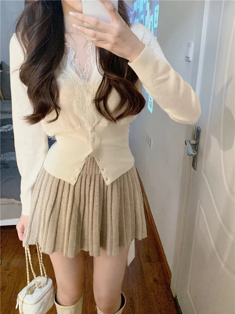 liwuka Spring 2 Piece Dress Set Women Korean Fashion Y2k Clothing Sweet Cardigan + Mini Skirts Elegant Bodycon Knitted Suits Chic