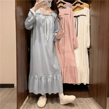 liwuka Long-Sleeved Nightgown Female Spring And Autumn Summer Students Princess Wind Big Size Dress Nightgown Pajamas Homewear