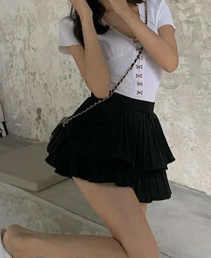 liwuka Woman Solid Y2K Pleated White Skirt 2024 Summer High Waist Layered Ruffles Mini Skirt Preppy Style Fashion Faldas Para Mujeres