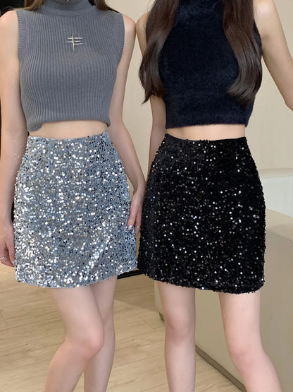 liwuka Women's Black Gothic A-line Skirt Y2k Skirts Harajuku Streetwear Aesthetic Vintage Sequin Mini Skirt 2000s Korean Clothes Summer