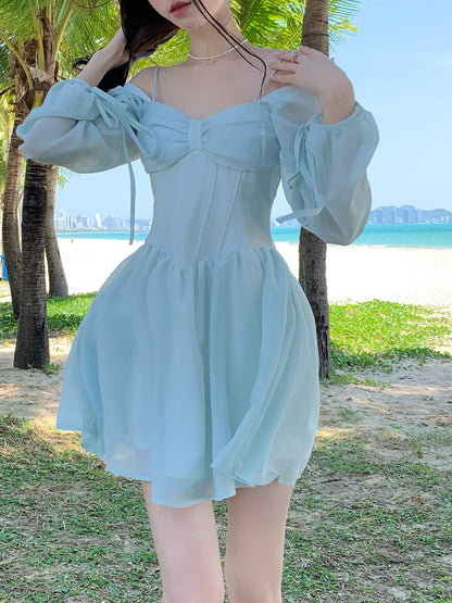 liwuka Long Sleeve Dress Female Blue Sweet A-Line Summer High Waist Vintage Slim Fairy Dress Princess Dress Sundress Beachwear Holiday Fairy Dress