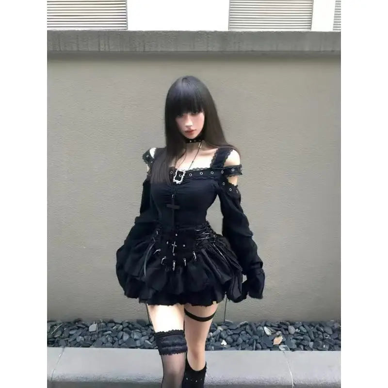 liwuka Harajuku Y2k Clothes Two Piece Sets Women Off Shoulder Square Collar Tshirts High Waist A-line Mini Skirts Suit Japanese Outfits