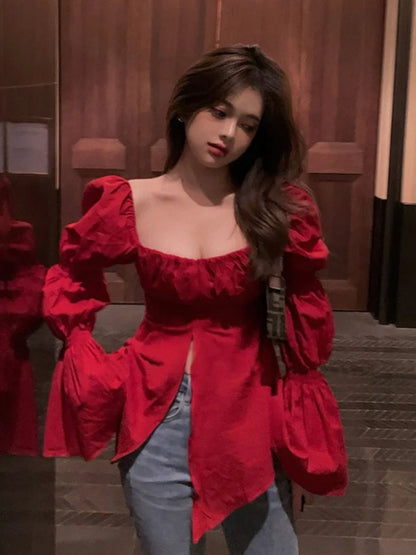 liwuka New Summer Korean Sexy Blouse Women Long Flare Sleeve Red Shirts for Women Square Neck Top Slim Short Blusas Mujer