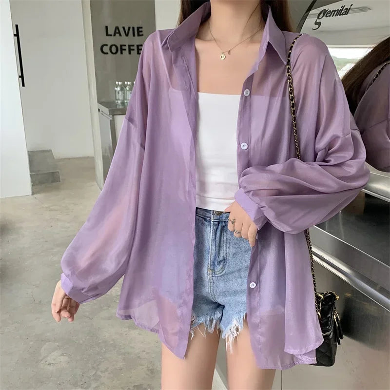 liwuka Fashion Women Holiday Beach Shirts See Through Chiffon Blouse New Summer Tops Sun Protection Clothes Long Sleeve Blusas