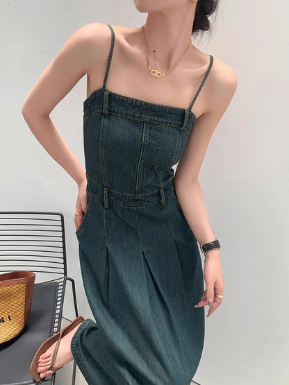 liwuka Deep Blue Denim Camisole Dress For Women'S Summer Retro One Shoulder Elastic Strapless Slim Fitting Temperament Dress