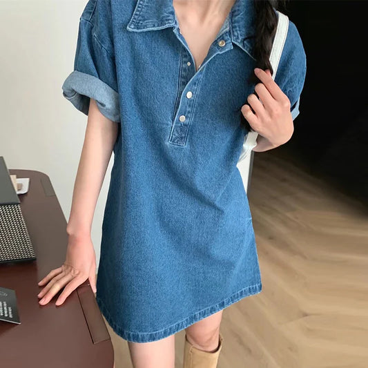 liwuka Korean Chic Denim Mini Dress for Women Summer Vintage Style Lapel Women Dress Summer Loose Casual Short Sleeve Vetidos