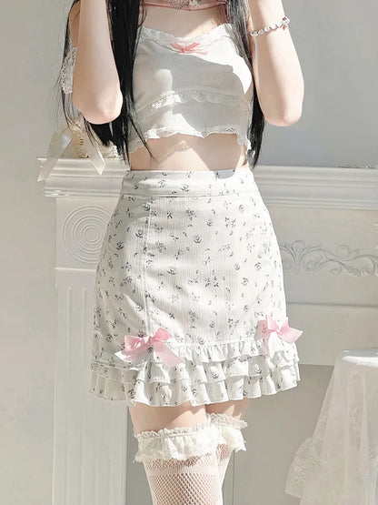 liwuka Floral Print Ruffle Mini Skirt White Kawaii Lolita Skirts Japanese Style Aesthetic Outfit Straight Bow Skirts Y2K Faldas