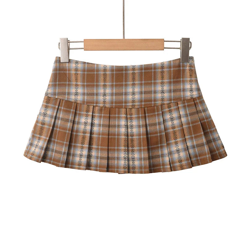 liwuka Mini Skirts For Woman Korean Fashion Khaki Plaid Skirts Women Y2k Clothes Low Waist Skirt Harajuku Vintage Pleated Skirts Preppy