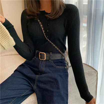 liwuka Women Sweaters Cute Button Up O-Neck Long Sleeve Pullovers Autumn Knitted Bottoming Shirts Korean Single Breasted Undercoat Tops