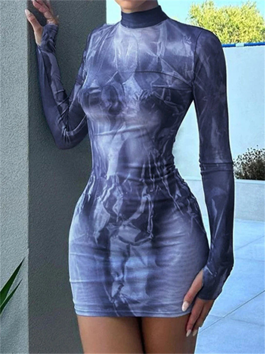 liwuka Abstract Print Women Long Sleeve Bodycon Dress Autumn Sexy Mock Neck Wrap Party Mini Sheath Dress Night Club Streetwear