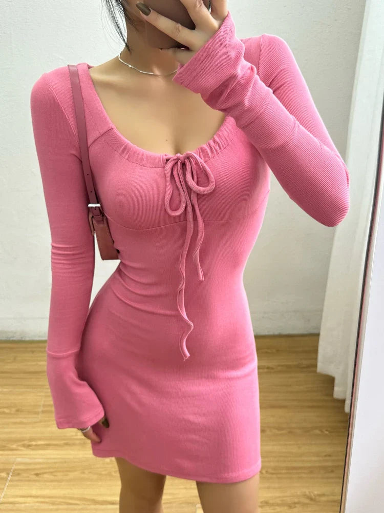 liwuka Sexy Elegant Slim Chest Tie Up Square Neck Flare Long Sleeved A-line Dress Short Dress Elegant Fashion Sexy Korean